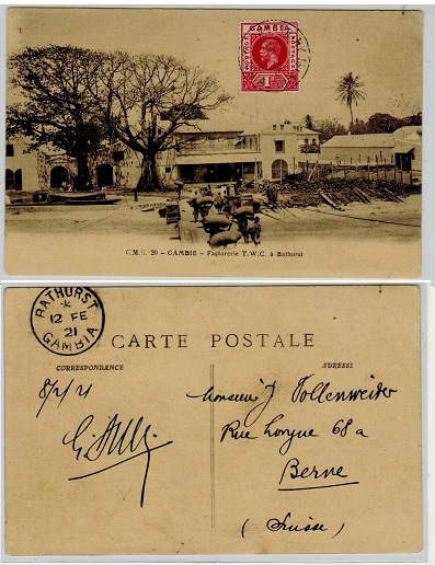 GAMBIA - 1921 1d rate postcard use to Switzerland used at MacCARTHY ISLAND.