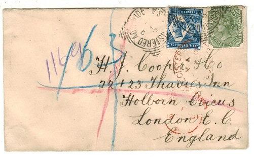 SOUTH AUSTRALIA - 1901 5d rate registered cover to UK used at ADELAIDE.