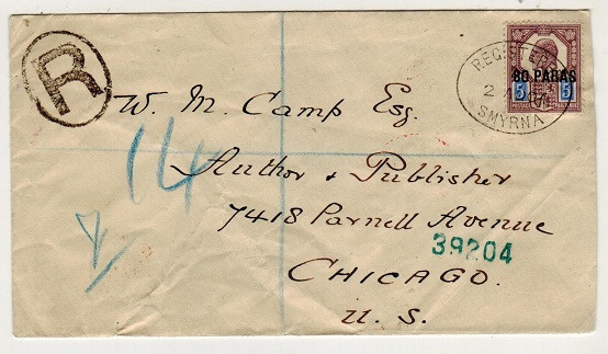 BRITISH LEVANT - 1904 80p on 5d registered cover to USA used at SMYRNA.
