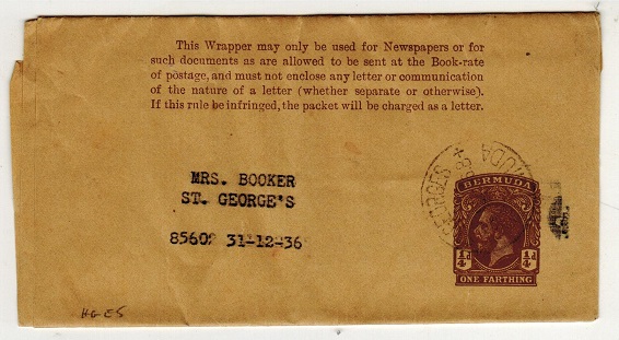 BERMUDA - 1913 1/4d brown postal stationery wrapper used locally from ST.GEORGES.  H&G 5.