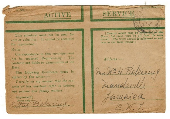 JAMAICA - 1917 inward green cross ACTIVE SERVICE cover from Jamaican soldier during WW1.