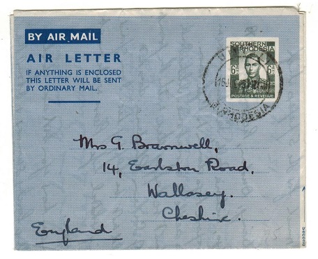 SOUTHERN RHODESIA - 1948 6d greenish grey postal stationery airletter to UK used at UMTALI.  H&G 4.