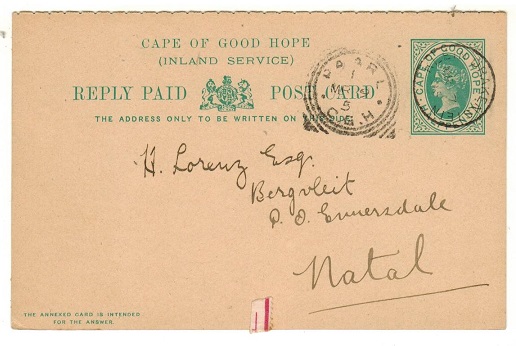 CAPE OF GOOD HOPE - 1898 1/2d green PSRC to Natal (no message) used at KLEIN DRAKENSTEIN.  H&G 16.