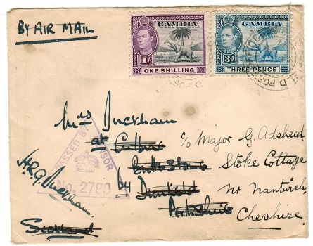 GAMBIA - 1941 1/3d rate PASSED BY CENSOR cover to UK used at FPO/109.