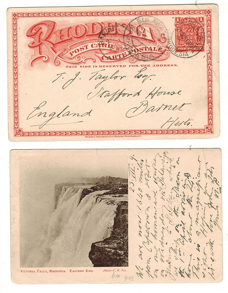 RHODESIA - 1899 1d brick red illustrated PSC to UK used at VICTORIA FALLS.  H&G 11a.