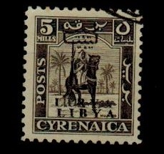 CYRENAICA (Libya) - 1951 5m grey-brown used with OVERPRINT DOUBLE.  SG 136b.