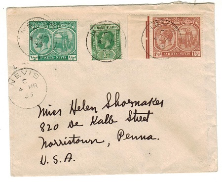 ST.KITTS - 1935 2 1/2d rate combination cover to USA used at NEVIS.
