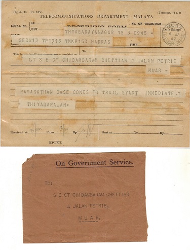 MALAYA - 1962 TELEGRAM and original envelope used at MUAR.