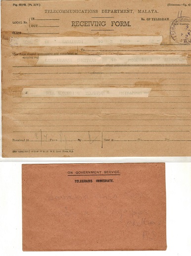 MALAYA - 1947 TELEGRAM complete with original envelope used at ALOR STAR.