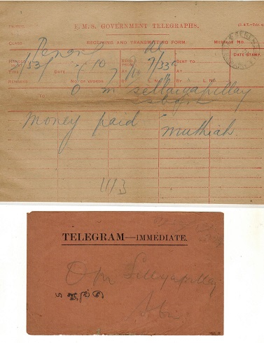 MALAYA - 1919 TELEGRAM complete with original envelope used at SEREMBAN.