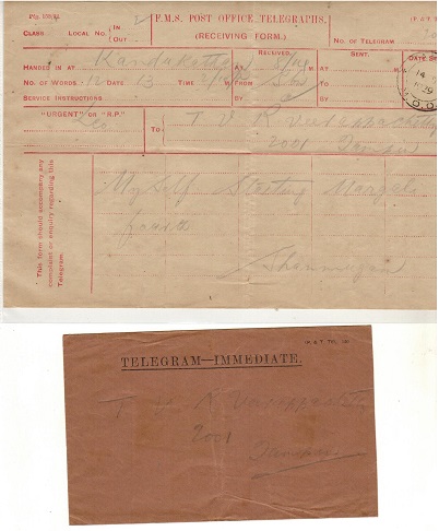 MALAYA - 1929 TELEGRAM complete with original envelope used at TAMPIN M.O.O.