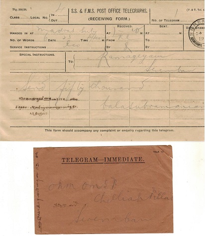 MALAYA - 1931 TELEGRAM complete with original envelope used at SEREMBAN.