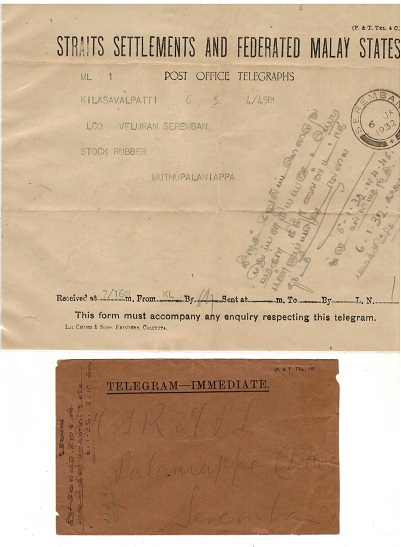 MALAYA - 1932 TELEGRAM complete with original envelope used at SEREMBAN