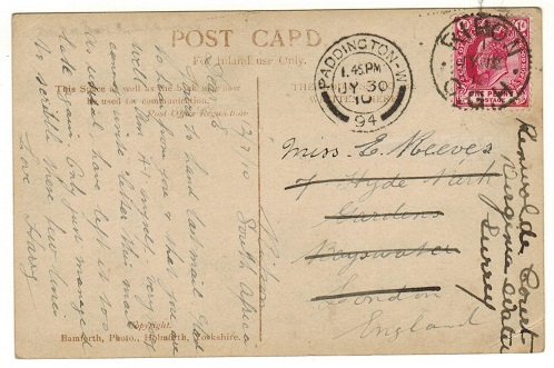 CAPE OF GOOD HOPE - 1910 1d rate postcard use to UK used at RIPON/CGH.