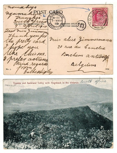 CAPE OF GOOD HOPE - 1910 1d rate postcard use to Belgium used at NQAMAKWE.