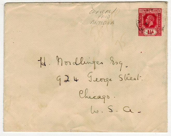 ANTIGUA - 1926 1 1/2d PSE of Leeward Islands to USA cancelled OFFICIAL PAID/ANTIGUA.  H&G 6.