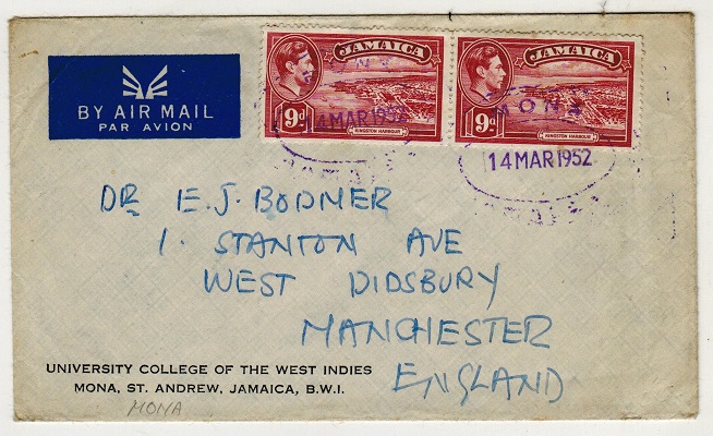 JAMAICA - 1952 1/6d rate cover to UK used at MONA.