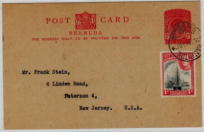 BERMUDA - 1938 1d red PSC uprated to USA and used at HAMILTON.  H&G 17.
