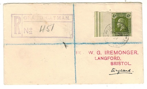 CAYMAN ISLANDS - 1927 4 1/2d rate registered cover to UK used at GEORGETOWN.