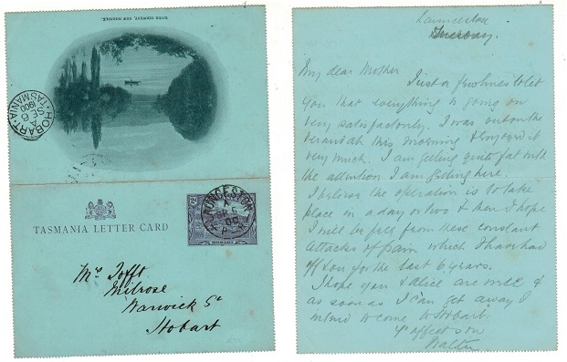 TASMANIA - 1900 2d violet illustrated letter card used at LAUNCESTON. H&G 2(6).