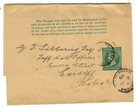 SIERRA LEONE - 1898 1/2d green postal stationery wrapper to UK used at FREETOWN.  H&G 1.