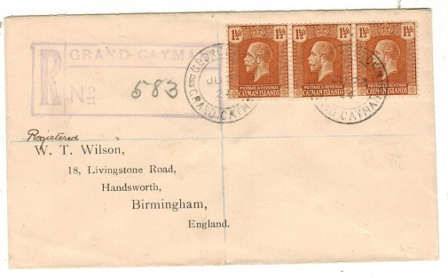 CAYMAN ISLANDS - 1924 4 1/2d rate registered cover to UK used at GEORGETOWN.