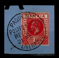 GAMBIA - 1912 1d red (SG 87) tied by PAQUEBOT/POSTED AT SEA/RECEIVED cds.