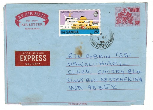GAMBIA - 1978 use of 30b red air letter uprated to USA.