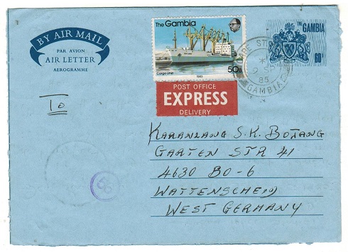 GAMBIA - 1985 use of 60b blue air letter uprated to Germany.