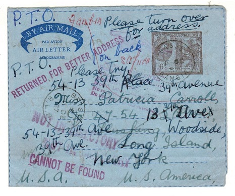 GAMBIA - 1958 6d dark violet brown air letter to USA used at BASSE but returned.  H&G 7.