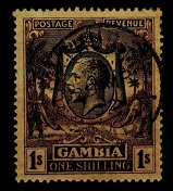 GAMBIA - 1929 1/- blackish purple on yellow-buff shade fine used.  SG 134a.