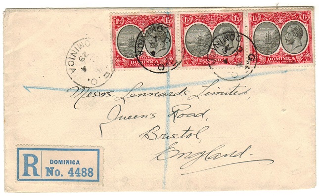 DOMINICA - 1929 4 1/2d rate registered cover to UK.