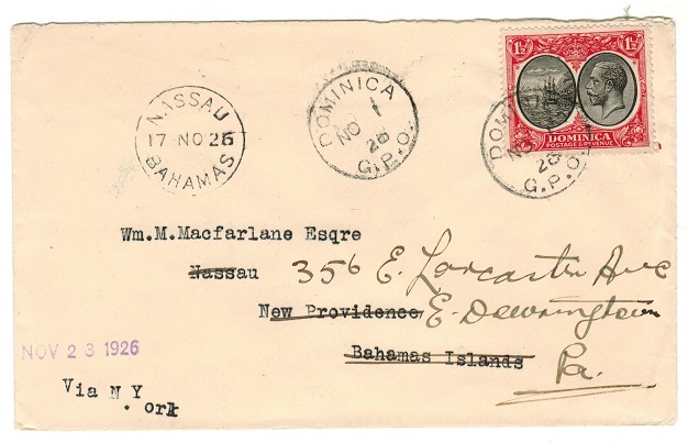 DOMINICA - 1928 1 1/2d rate cover to Bahamas re-directed onwards to USA.