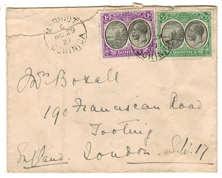DOMINICA - 1927 1 1/2d rate cover to UK (opening fault) used at MARIGOT.
