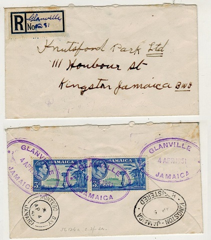 JAMAICA - 1951 6d rate registered local cover used at GLANVILLE.