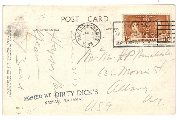 BAHAMAS - 1938 1 1/2d rate postcard use to USA struck 