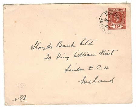 ANTIGUA - 1930 use of Leeward Islands 1 1/2d brown PSE to UK used at ST.JOHNS.  H&G 8.
