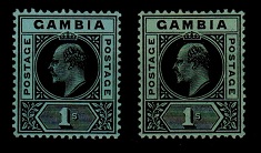GAMBIA - 1909 1/- black on blue-green and on emerald paper shade.  SG 81.