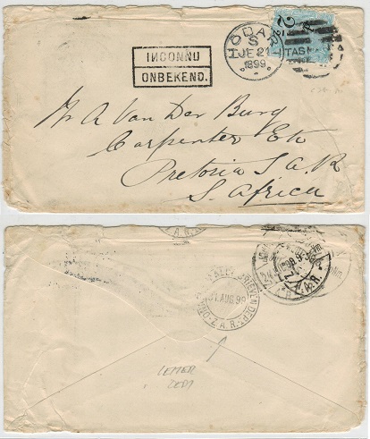 TASMANIA - 1899 inward cover from Tasmania with INCONNU h/s applied.
