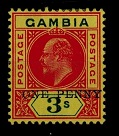 GAMBIA - 1906 1d on 3/- (SG 70) mint with DROPPED OVERPRINT.