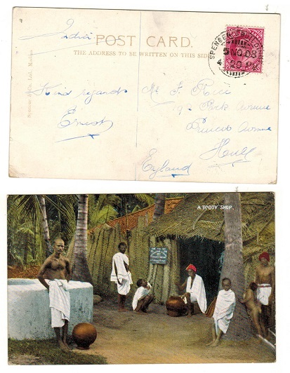 INDIA - 1908 1a rate postcard use to UK used at SPENCERS BUILDING.