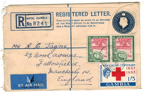 GAMBIA - 1953 3d+2 1/2d dark blue RPSE to UK uprated at BATHURST. H&G 6a.