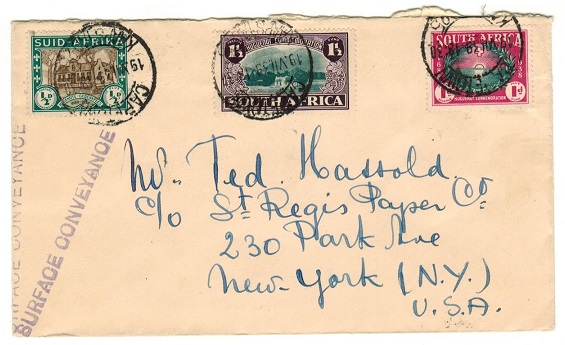 SOUTH AFRICA - 1939 3d rate cover to USA from Cape Town struck SURFACE CONVEYANCE.