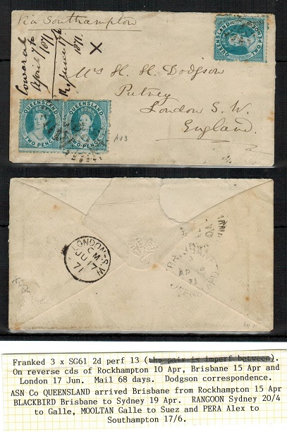 QUEENSLAND - 1871 6d rate cover to UK used at ROCKHAMPTON.