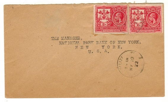 BRITISH HONDURAS - 1922 4c rate cover to USA used at BELIZE.