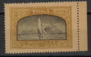 TONGA - 1897 2/- black and dull yellow-olive (SG type 21) mint FORGERY.