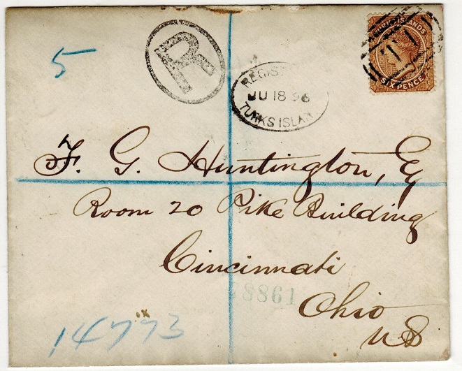 TURKS AND CAICOS IS - 1896 6d rate registered cover to USA.