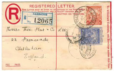 BARBADOS - 1938 3d blue RPSE uprated to UK.  H&G 14.