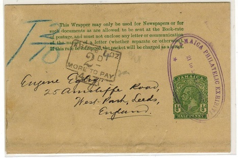 JAMAICA - 1912 1/2d green underpaid postal stationery wrapper to UK used at EXHIBITION. H&G 3.
