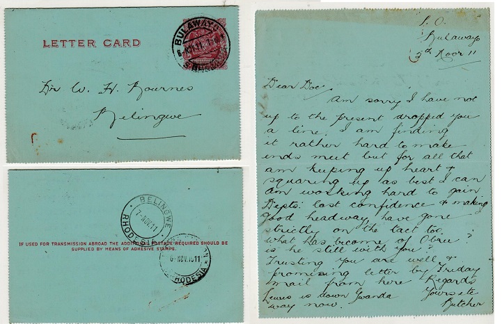 RHODESIA - 1903 1d carmine postal stationery letter card used locally.  H&G 1.